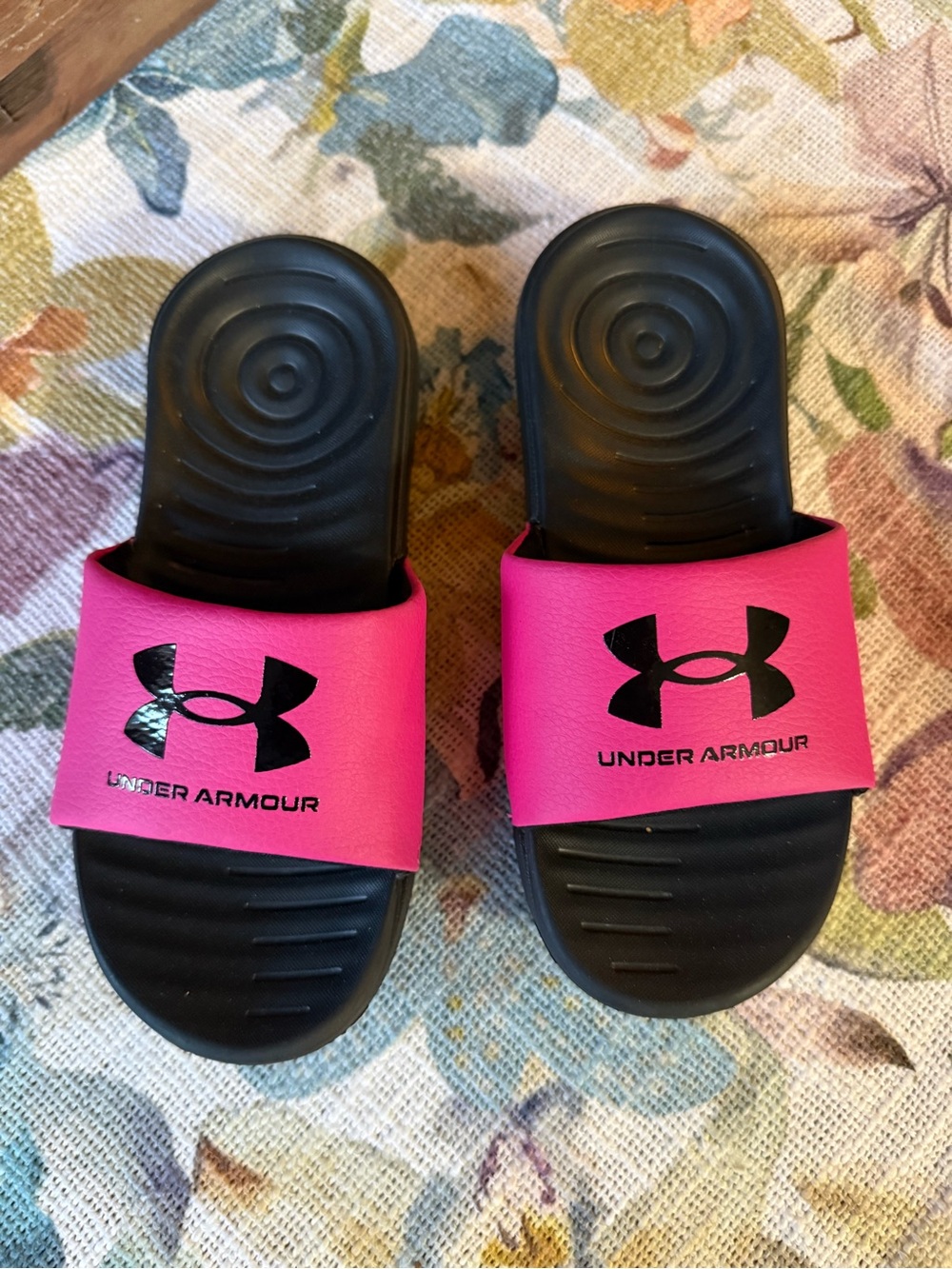 Under Armour Black Footbed Pink Strap Slides